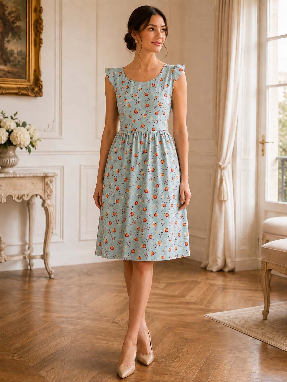 Shabby Apple Floral A-Line Dress Womens 4 Blue Cotton Knee Length Fit Flare